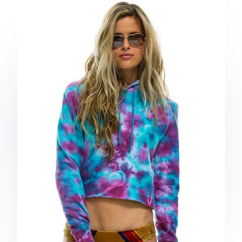 Aviator Nation Hand Dyed Pullover Crop Hoodie in Tie Dye Turquoise